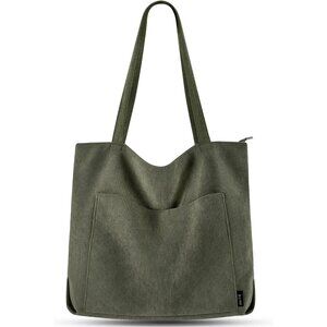 Women Dark Green Corduroy Polyester Lining Shoulder Bag with Zipper And Pockets